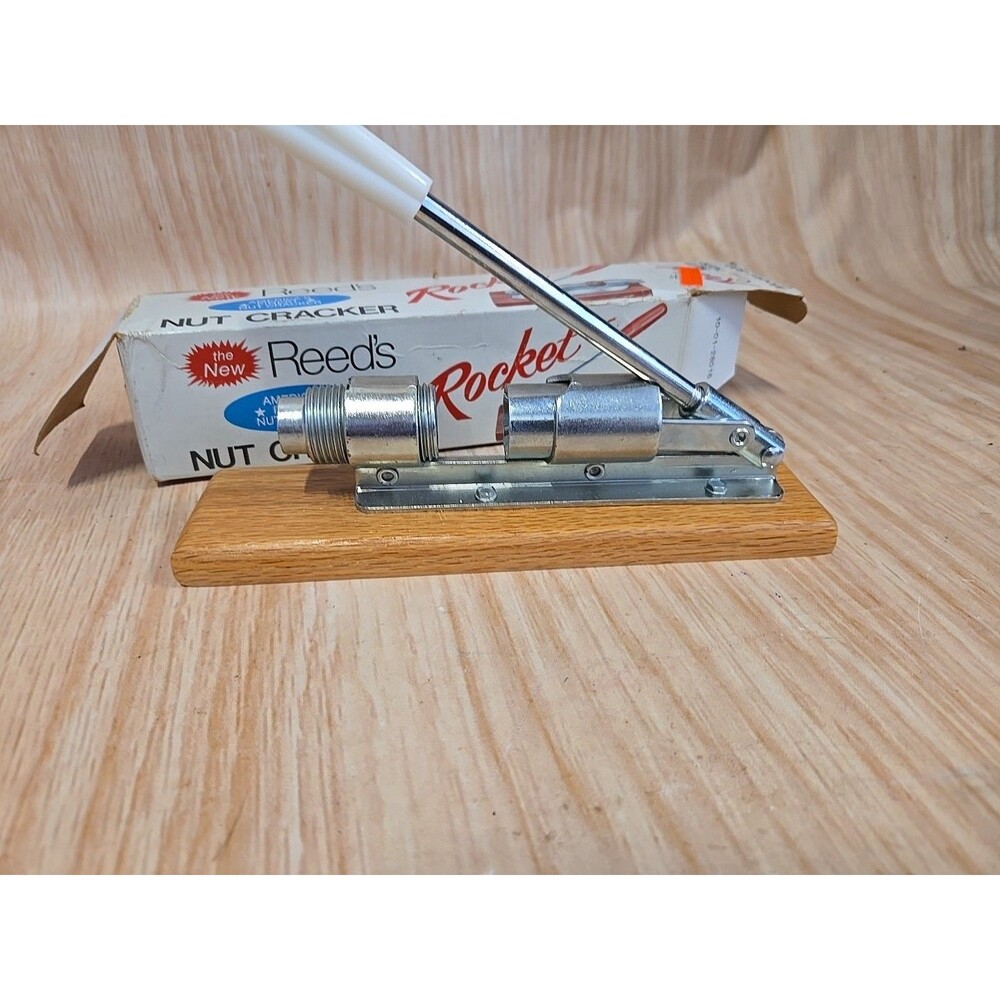 VINTAGE WALNUT PECAN NUT CRACKER METAL OAK WOOD BASE REEDS ROCKET